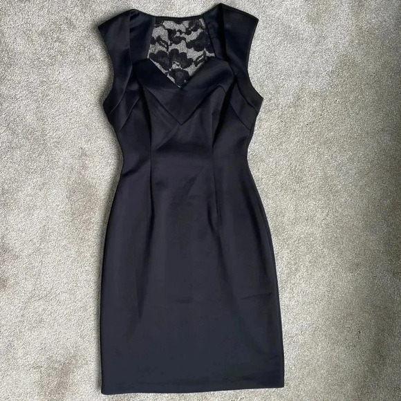 Dress Barn Bodice Lace Back Straight Midi Black Satin Like Dress Size 4 - Picture 1 of 16